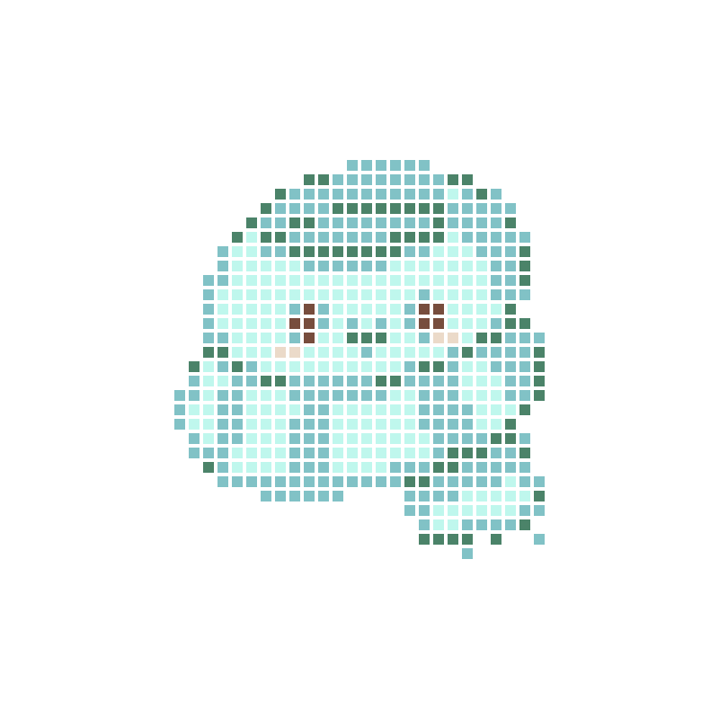 A cute teal little creature wearing a light green striped scarf