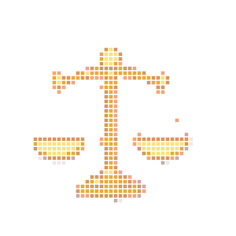 The cartoon-style golden balance represents fairness and justice